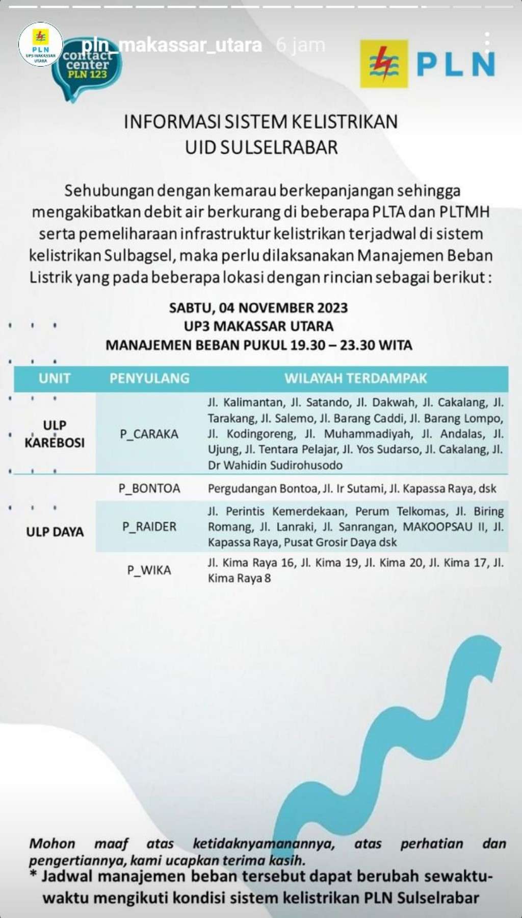 Update Jadwal Pemadaman Listrik di Makassar Hari Ini 4 November 2023, Sampai Jam 12 Malam