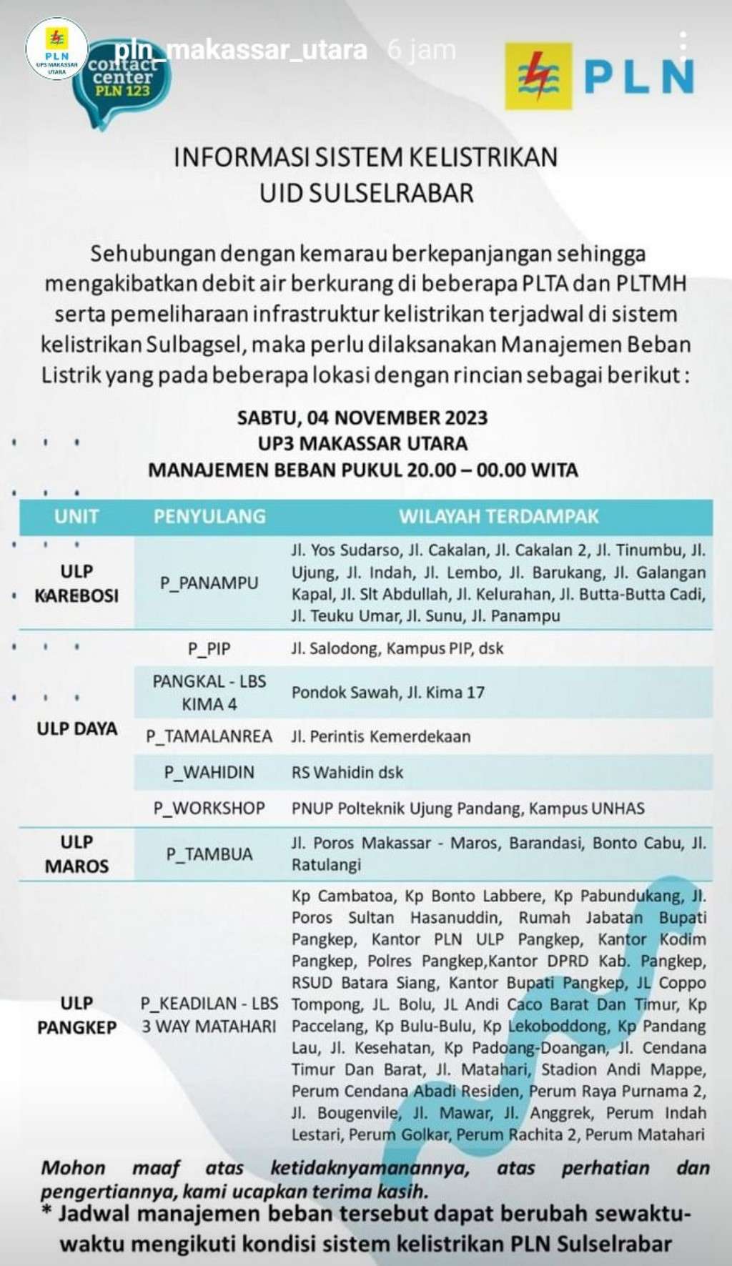Update Jadwal Pemadaman Listrik di Makassar Hari Ini 4 November 2023, Sampai Jam 12 Malam