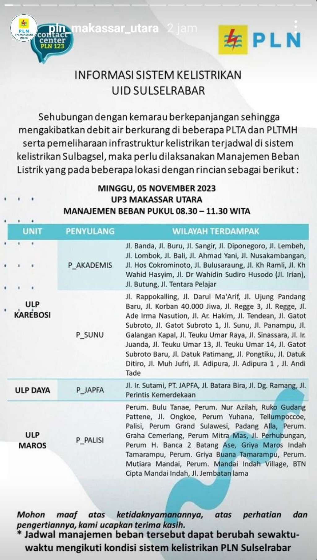Jadwal Pemadaman Listrik di Makassar Hari Ini, 5 November 2023