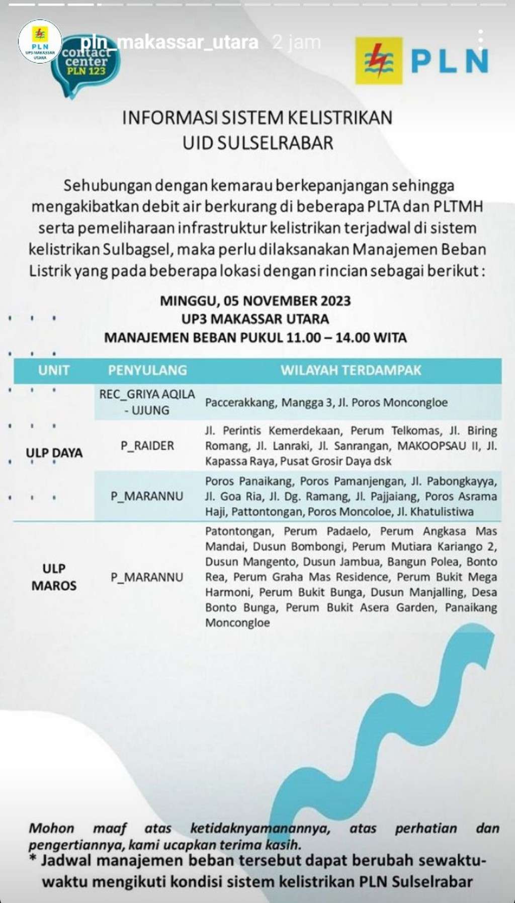 Jadwal Pemadaman Listrik di Makassar Hari Ini, 5 November 2023
