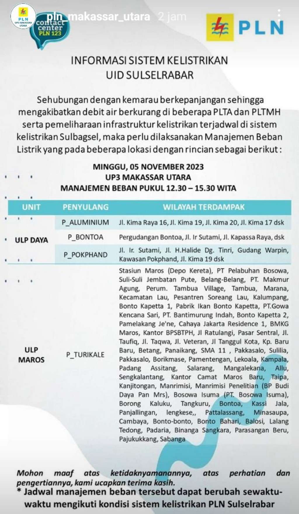 Jadwal Pemadaman Listrik di Makassar Hari Ini, 5 November 2023