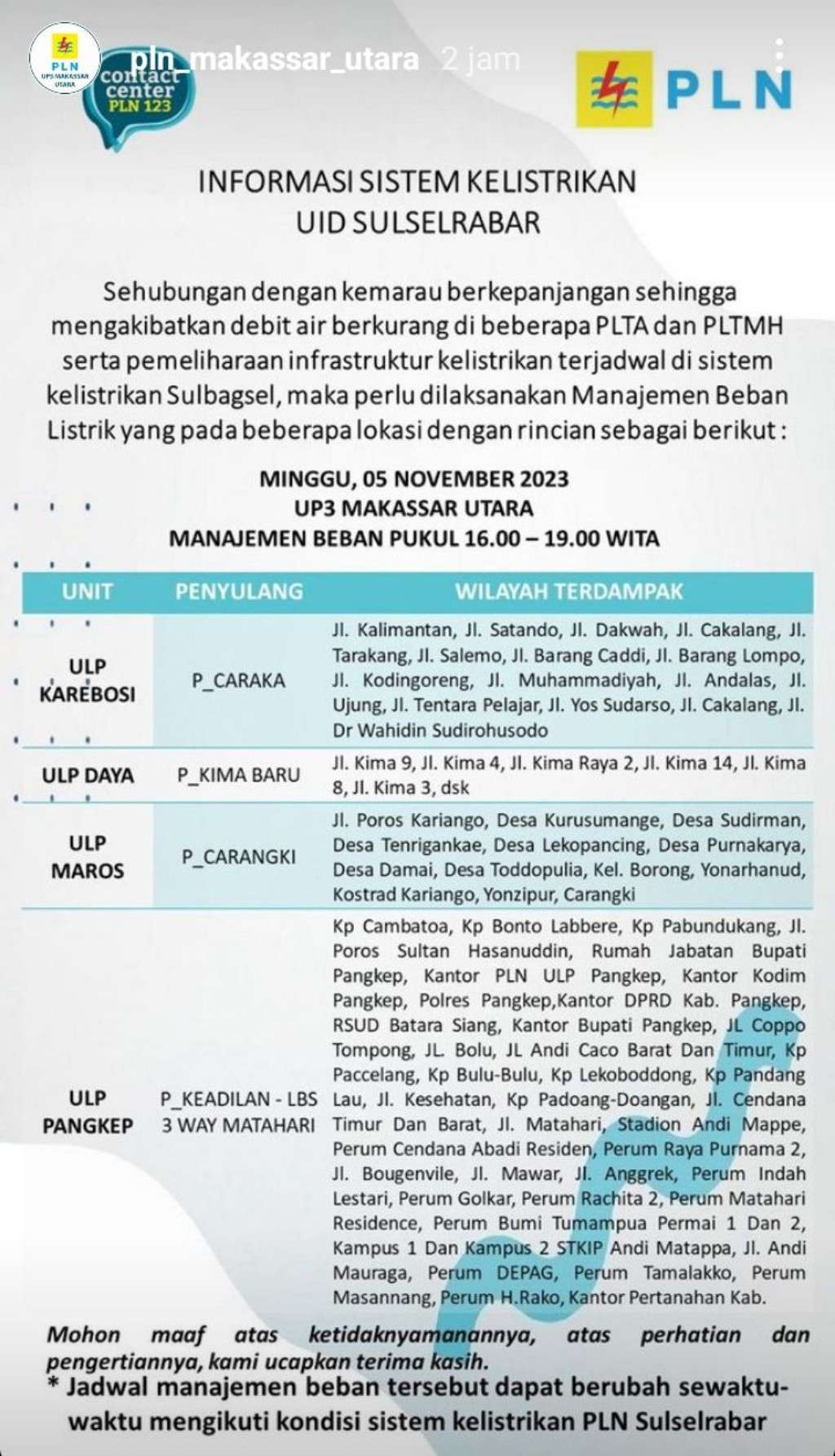 Jadwal Pemadaman Listrik di Makassar Hari Ini, 5 November 2023