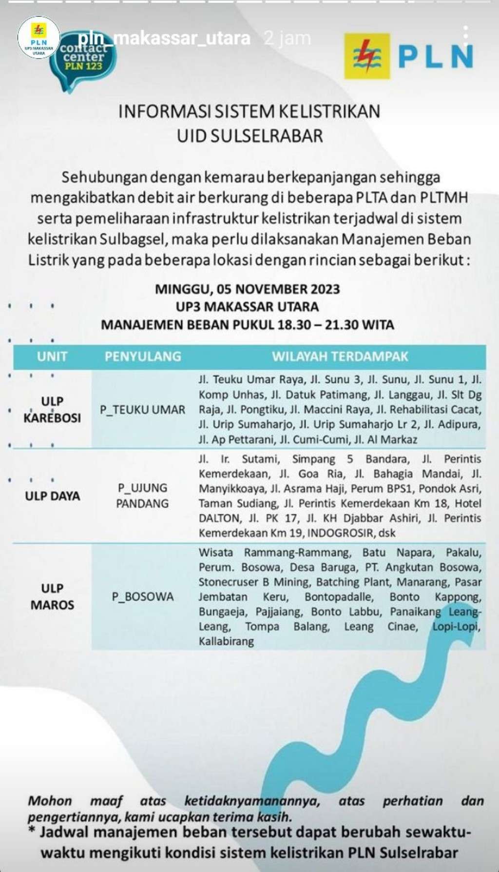 Jadwal Pemadaman Listrik di Makassar Hari Ini, 5 November 2023