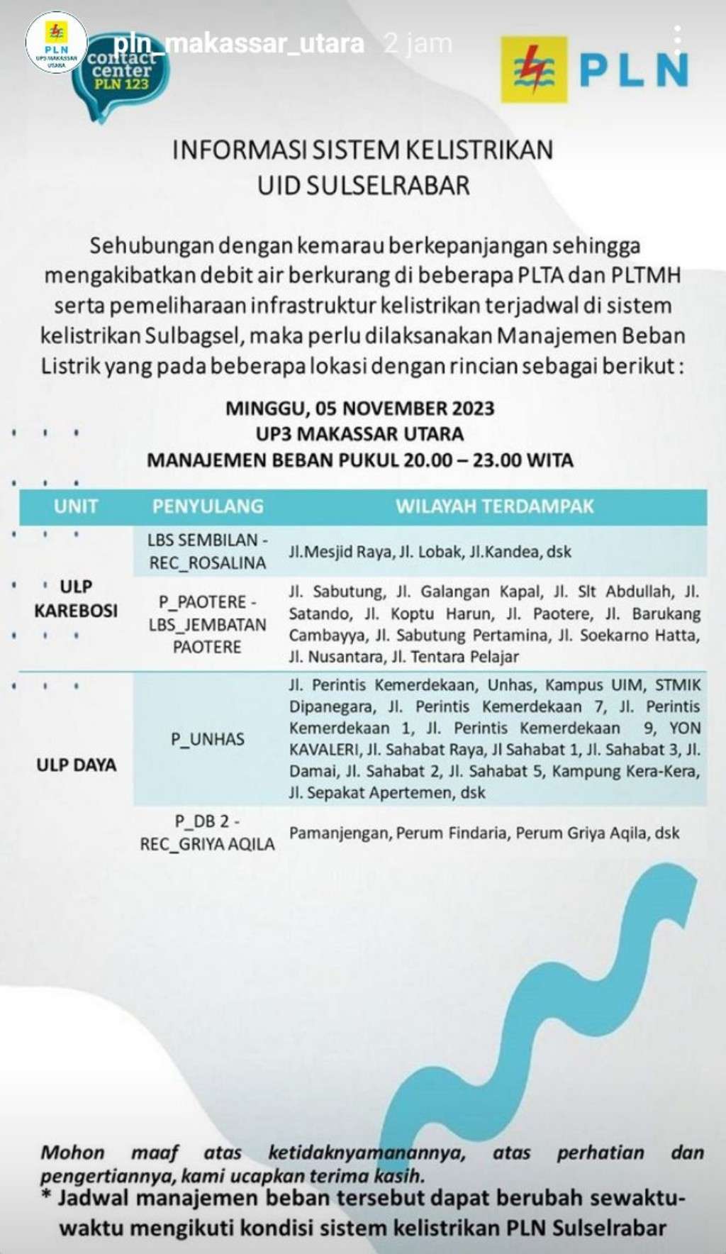 Jadwal Pemadaman Listrik di Makassar Hari Ini, 5 November 2023