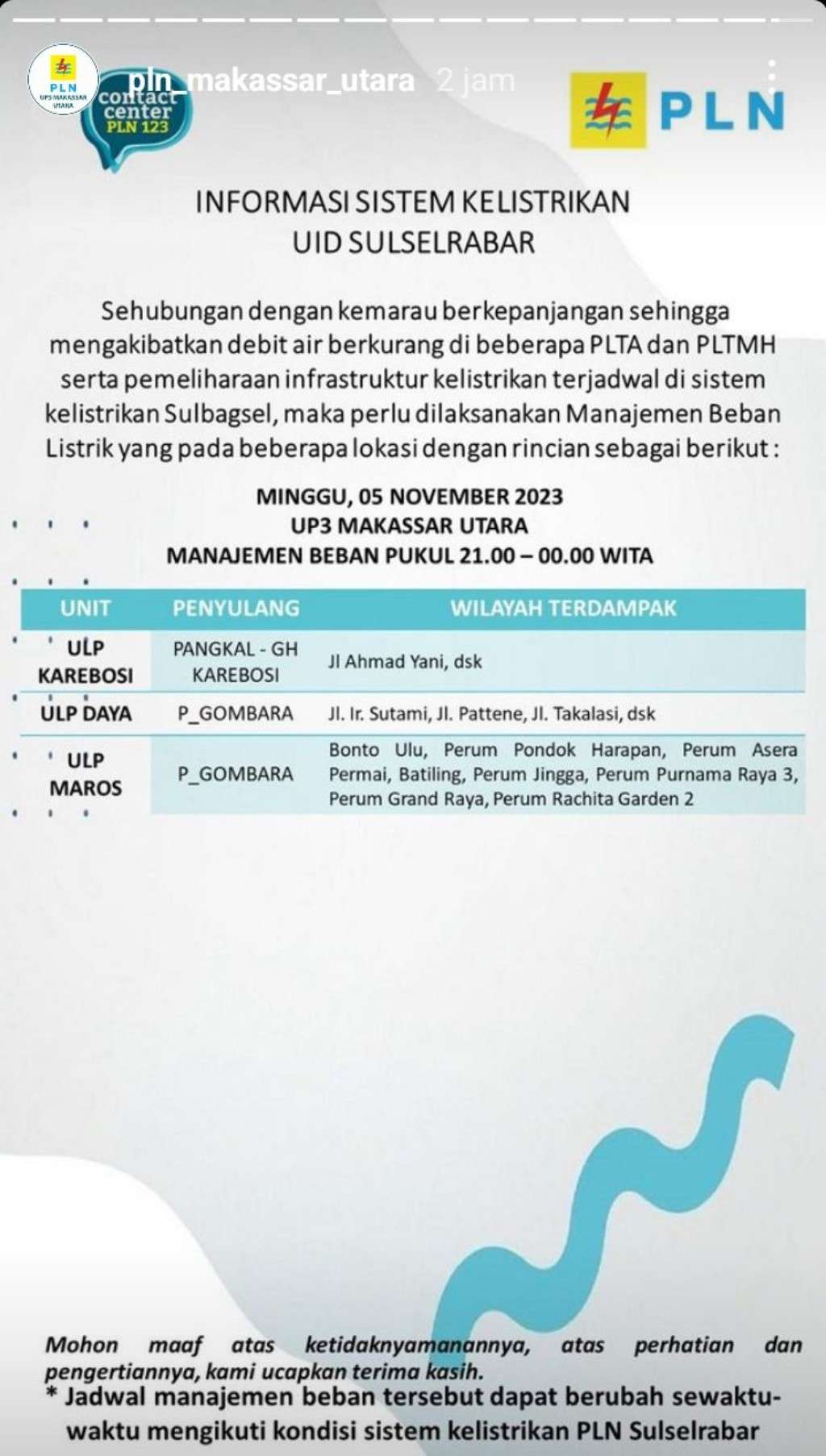 Jadwal Pemadaman Listrik di Makassar Hari Ini, 5 November 2023