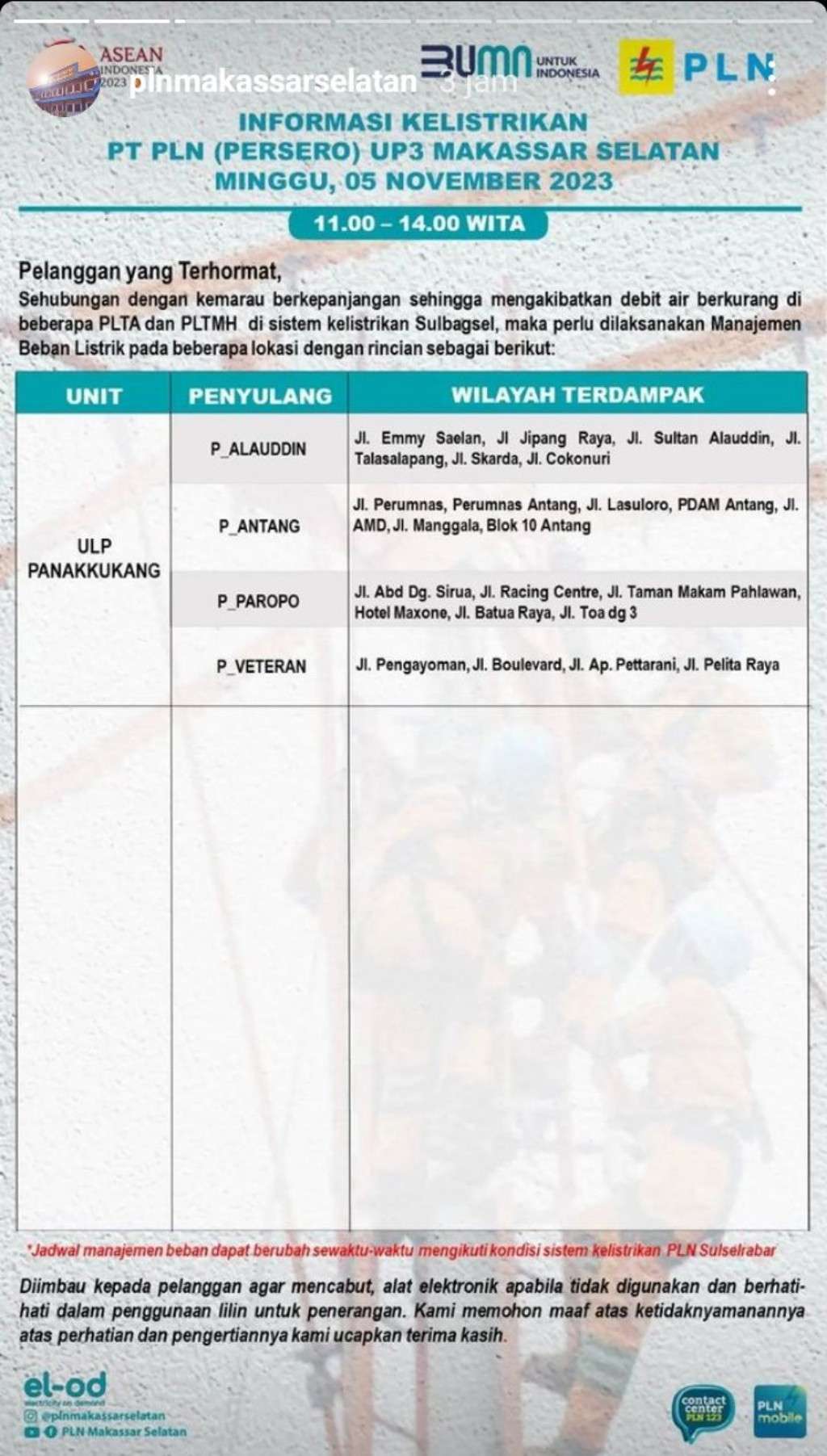 Jadwal Pemadaman Listrik di Makassar Hari Ini, 5 November 2023