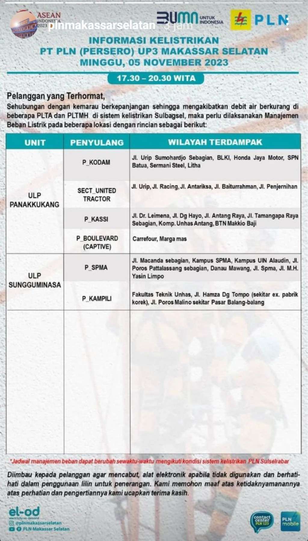 Jadwal Pemadaman Listrik di Makassar Hari Ini, 5 November 2023