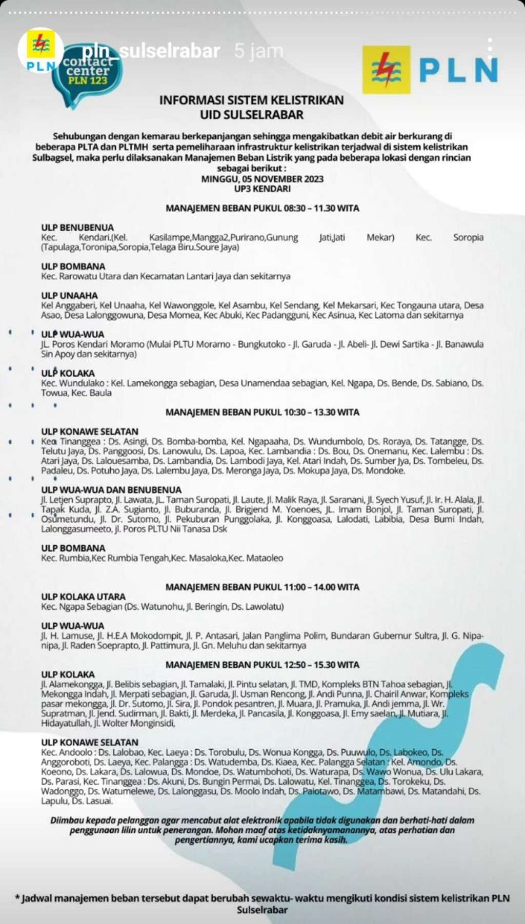 Update Jadwal Pemadaman Listrik di Kendari Hari Ini, 5 November 2023