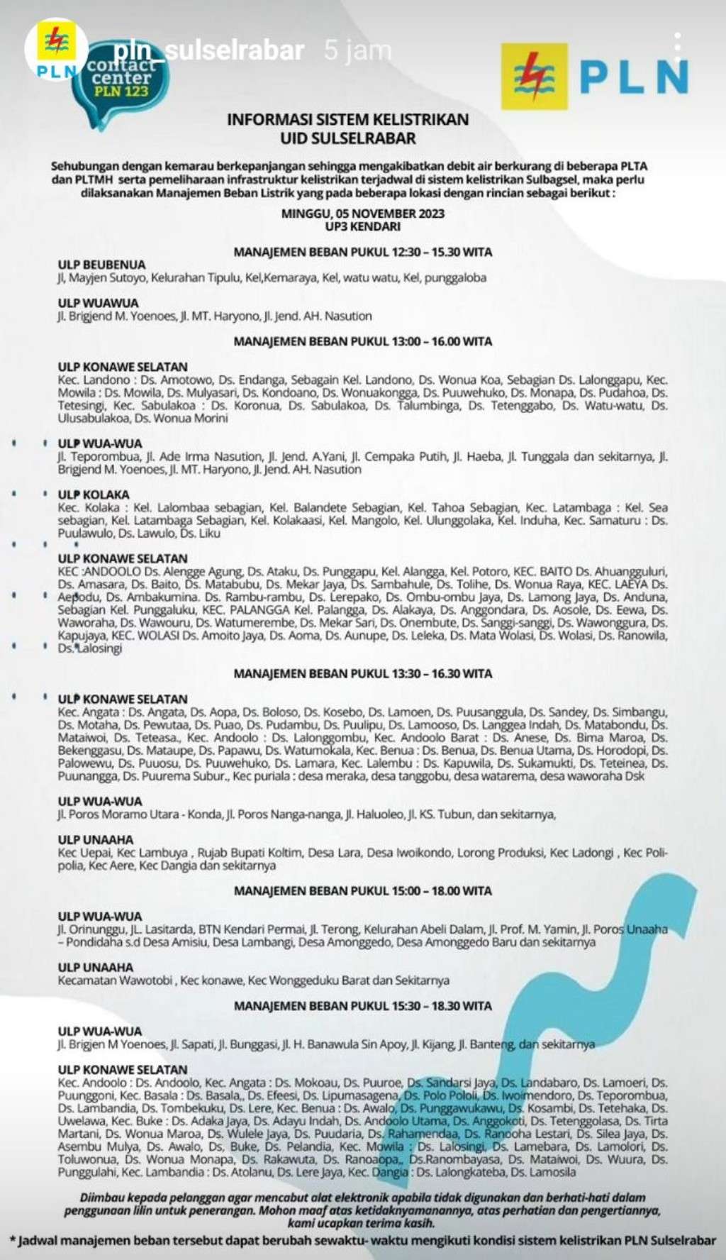 Update Jadwal Pemadaman Listrik di Kendari Hari Ini, 5 November 2023