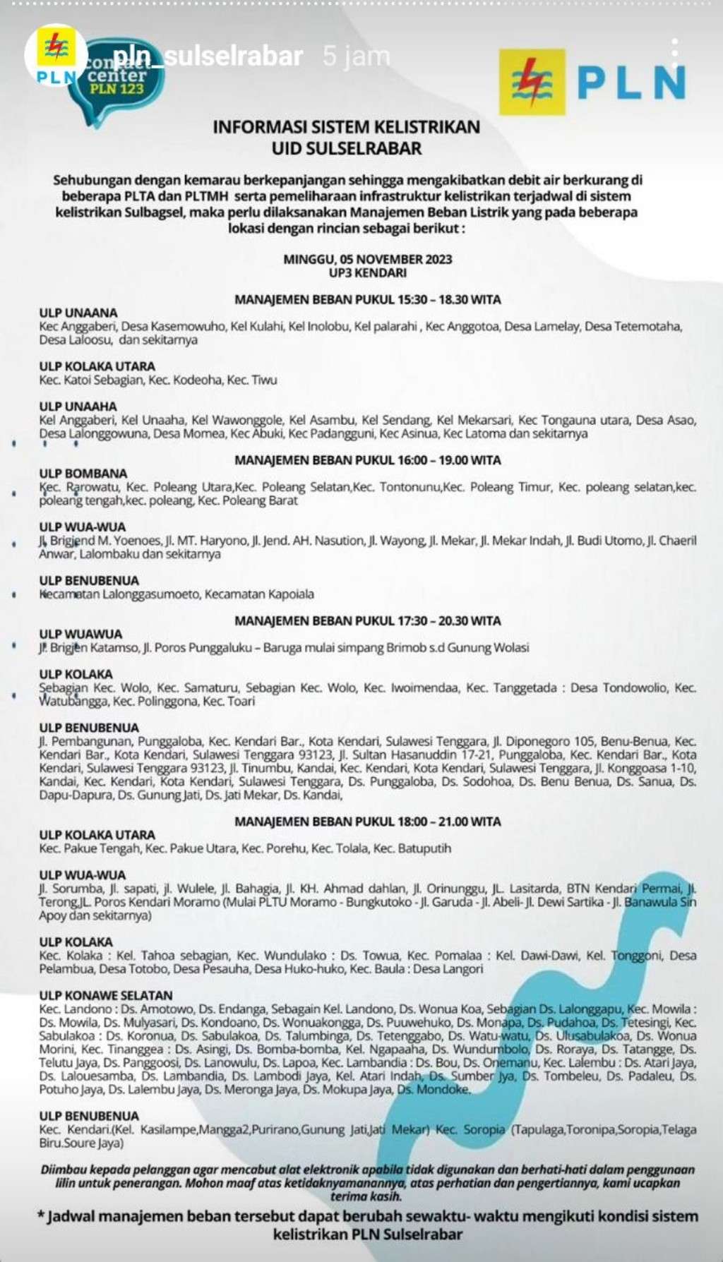Update Jadwal Pemadaman Listrik di Kendari Hari Ini, 5 November 2023