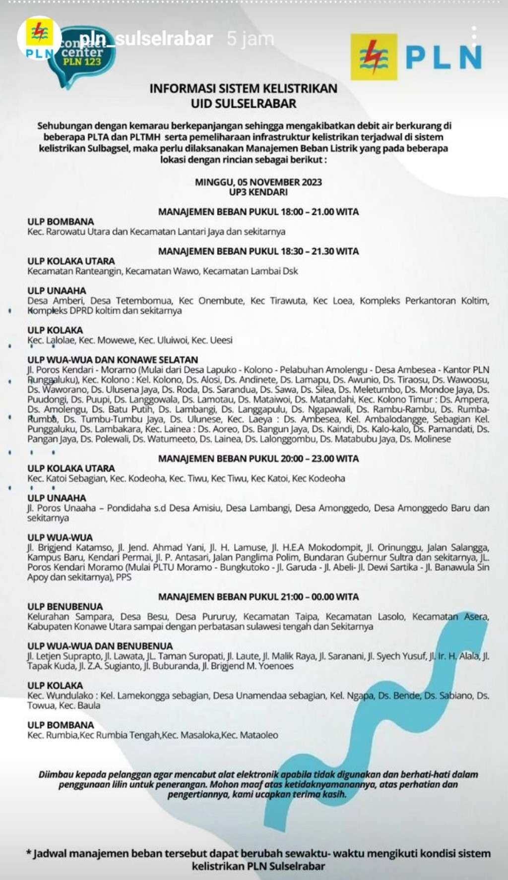 Update Jadwal Pemadaman Listrik di Kendari Hari Ini, 5 November 2023