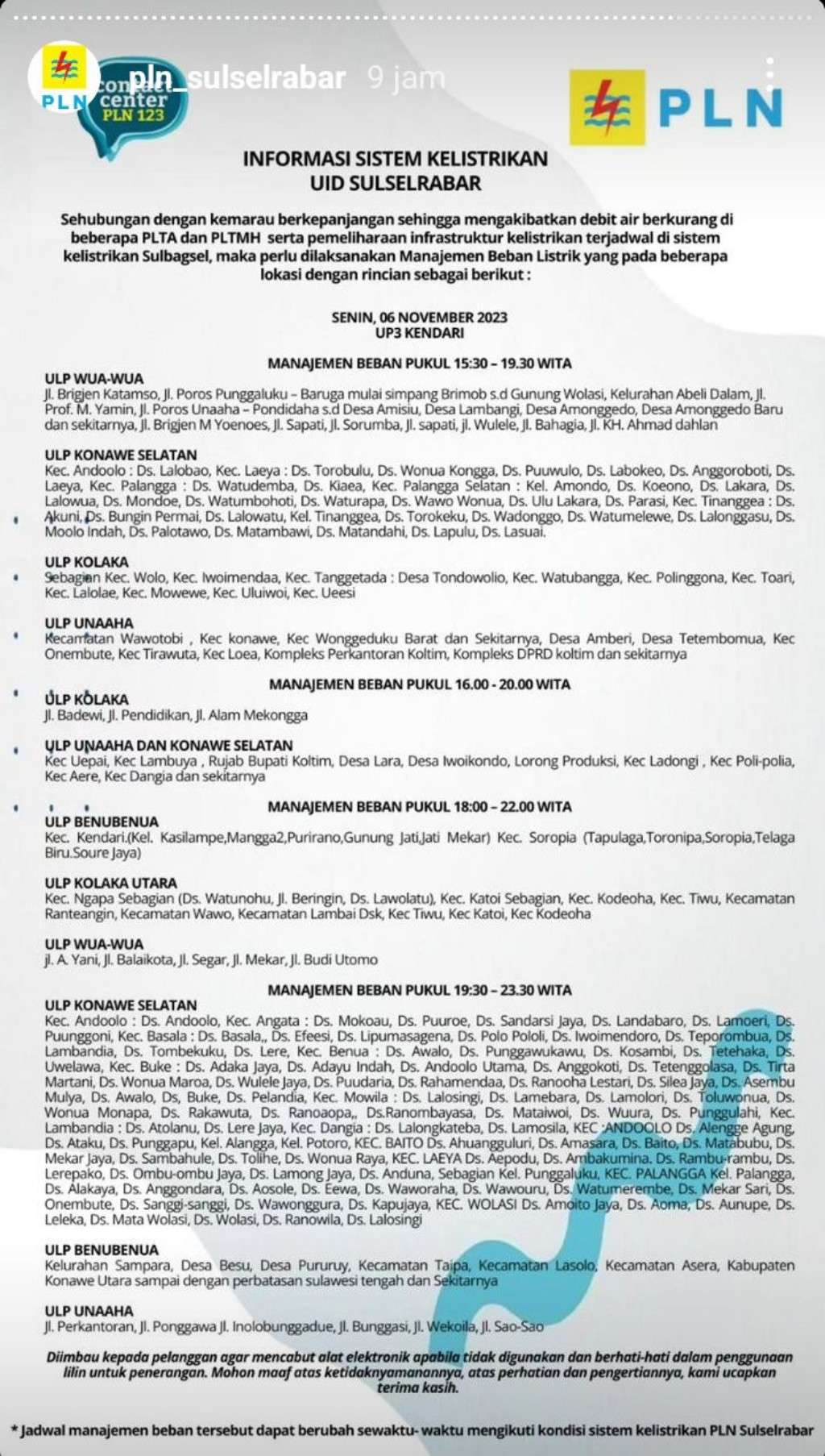 Update Jadwal Pemadaman Listrik di Kendari Hari Ini, 6 November 2023