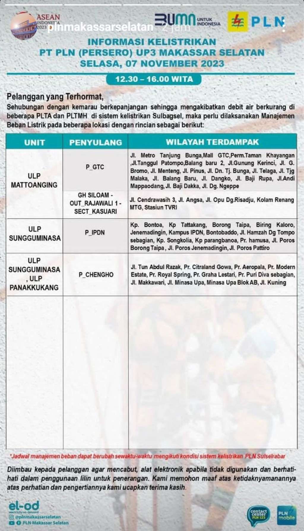 Update Jadwal Pemadaman Listrik di Makassar Hari Ini, 7 November 2023