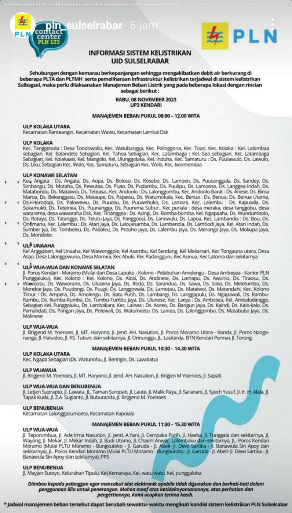 Jadwal Pemadaman Listrik di Kendari Hari Ini, 8 November 2023