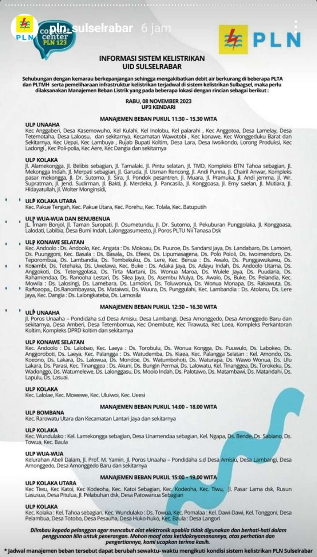 Jadwal Pemadaman Listrik di Kendari Hari Ini, 8 November 2023