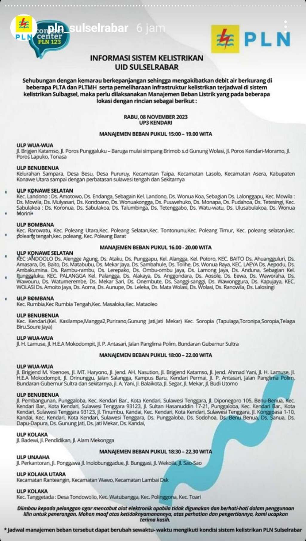 Jadwal Pemadaman Listrik di Kendari Hari Ini, 8 November 2023