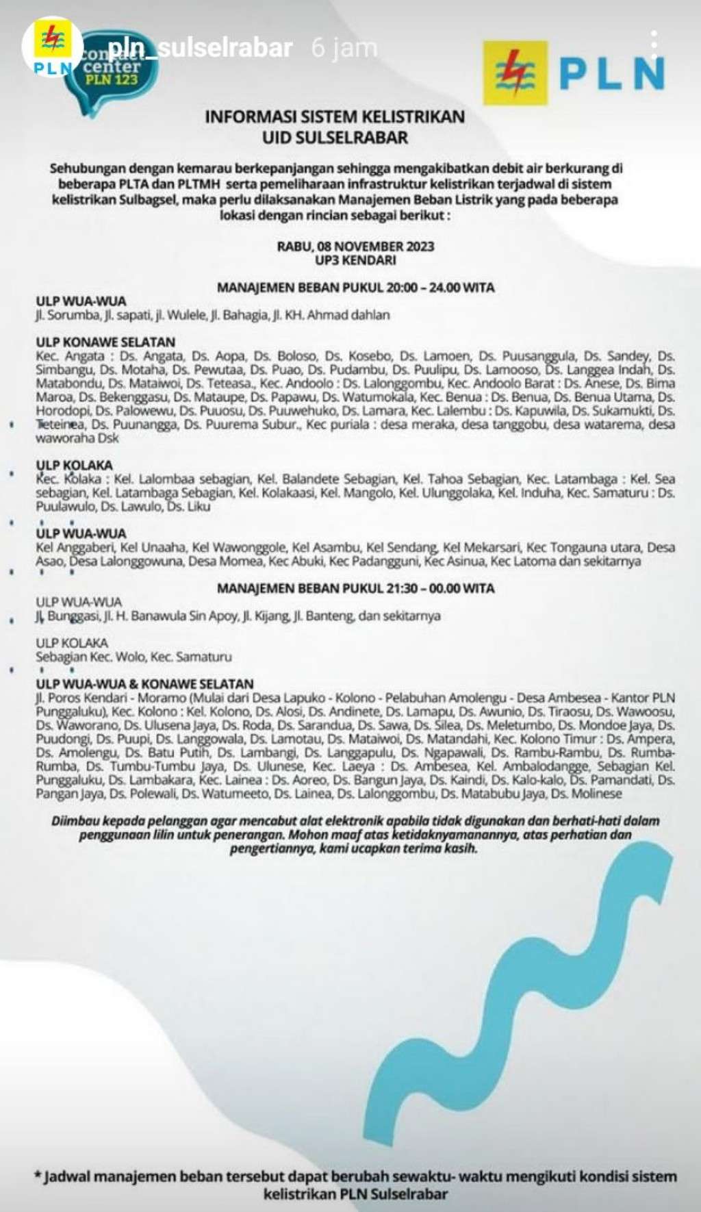 Jadwal Pemadaman Listrik di Kendari Hari Ini, 8 November 2023