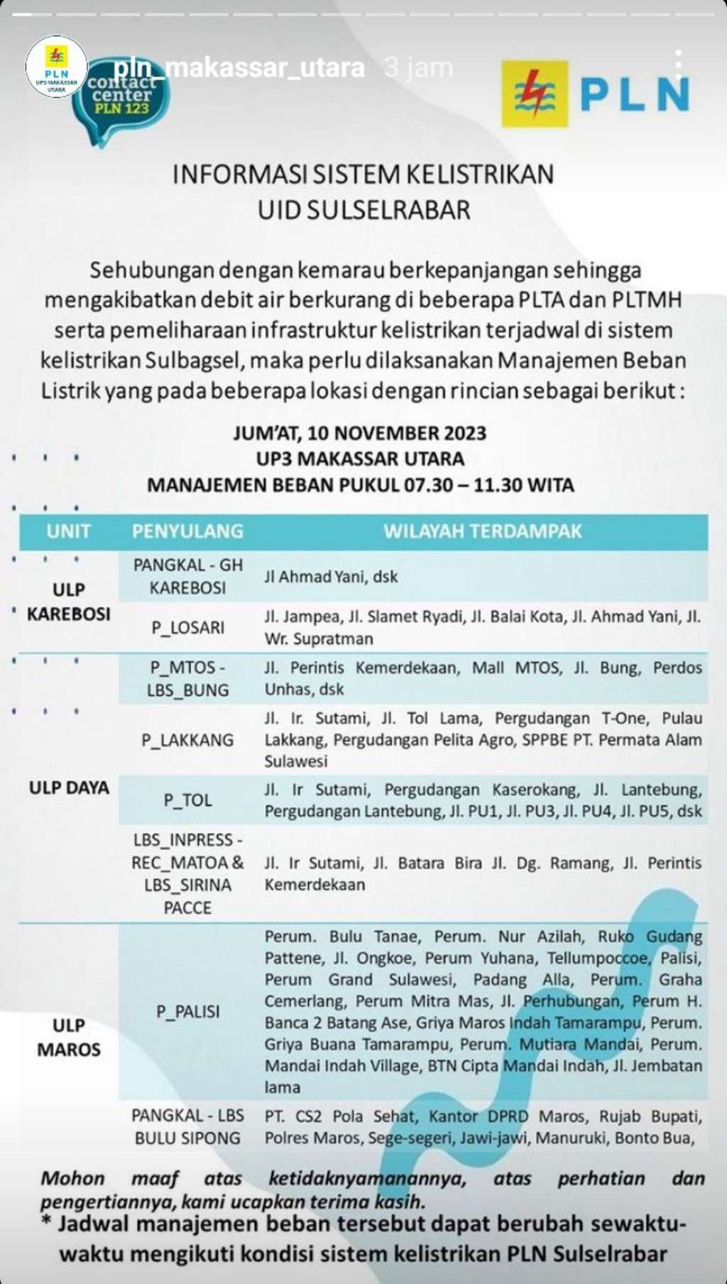 Jadwal Pemadaman Listrik di Makassar Hari Ini, 10 November 2023