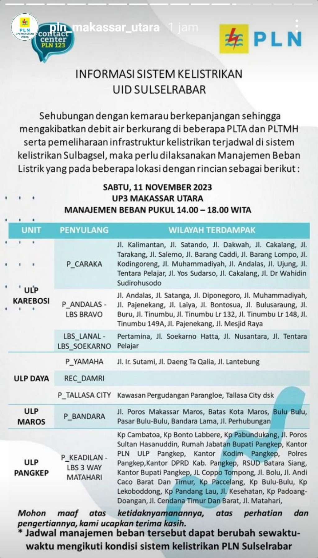 Jadwal Pemadaman Listrik di Makassar Hari Ini, 11 November 2023