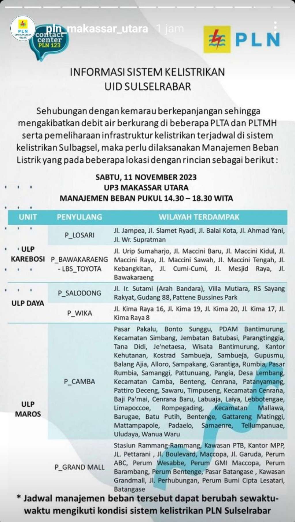 Jadwal Pemadaman Listrik di Makassar Hari Ini, 11 November 2023
