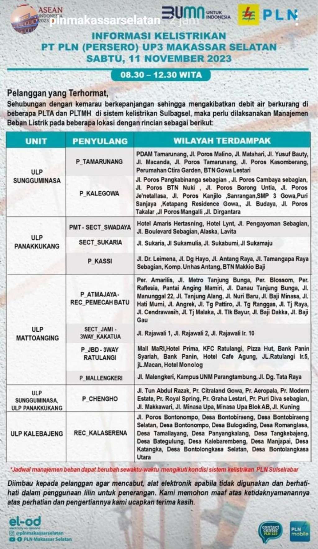 Jadwal Pemadaman Listrik di Makassar Hari Ini, 11 November 2023