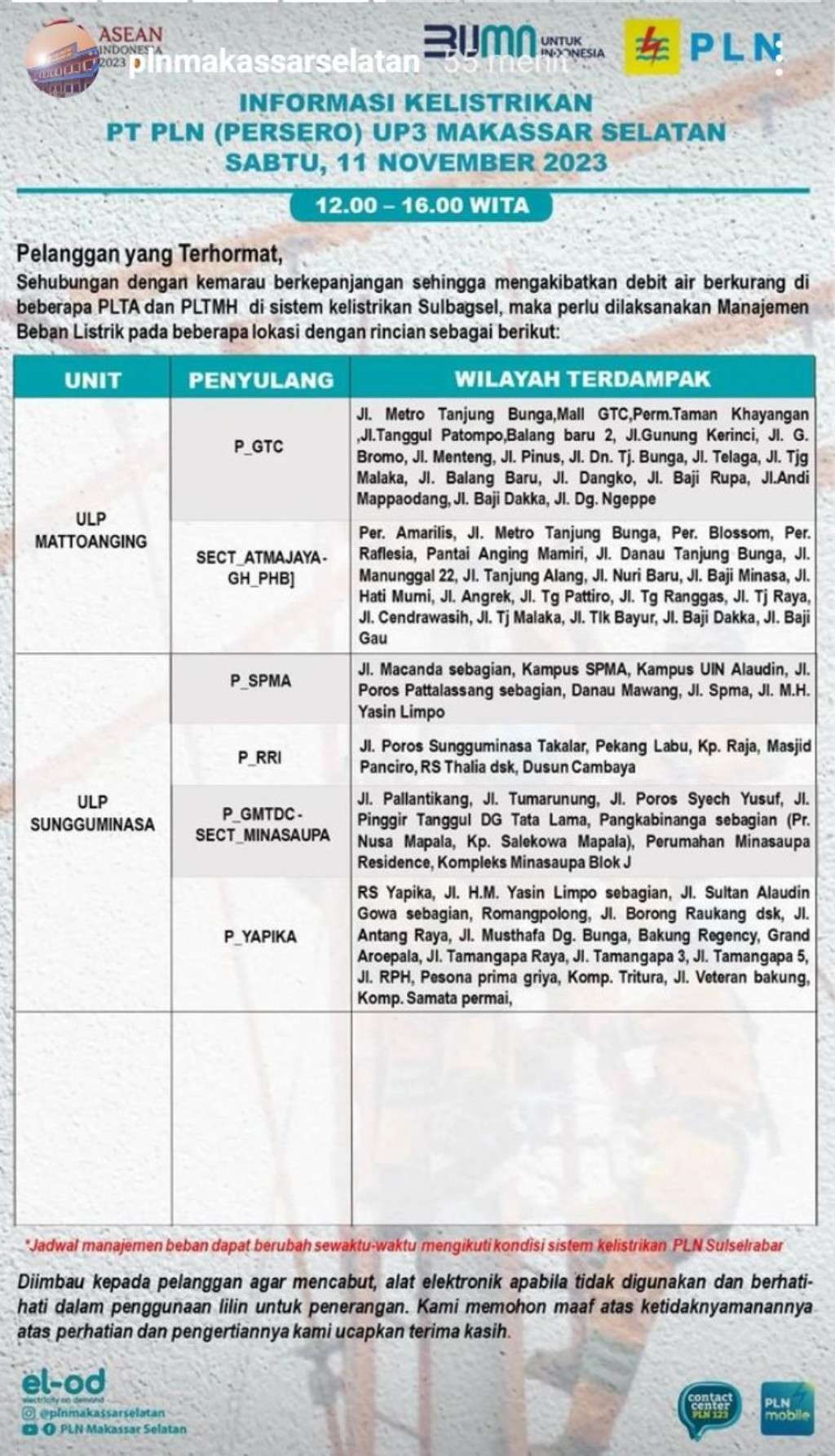 Jadwal Pemadaman Listrik di Makassar Hari Ini, 11 November 2023