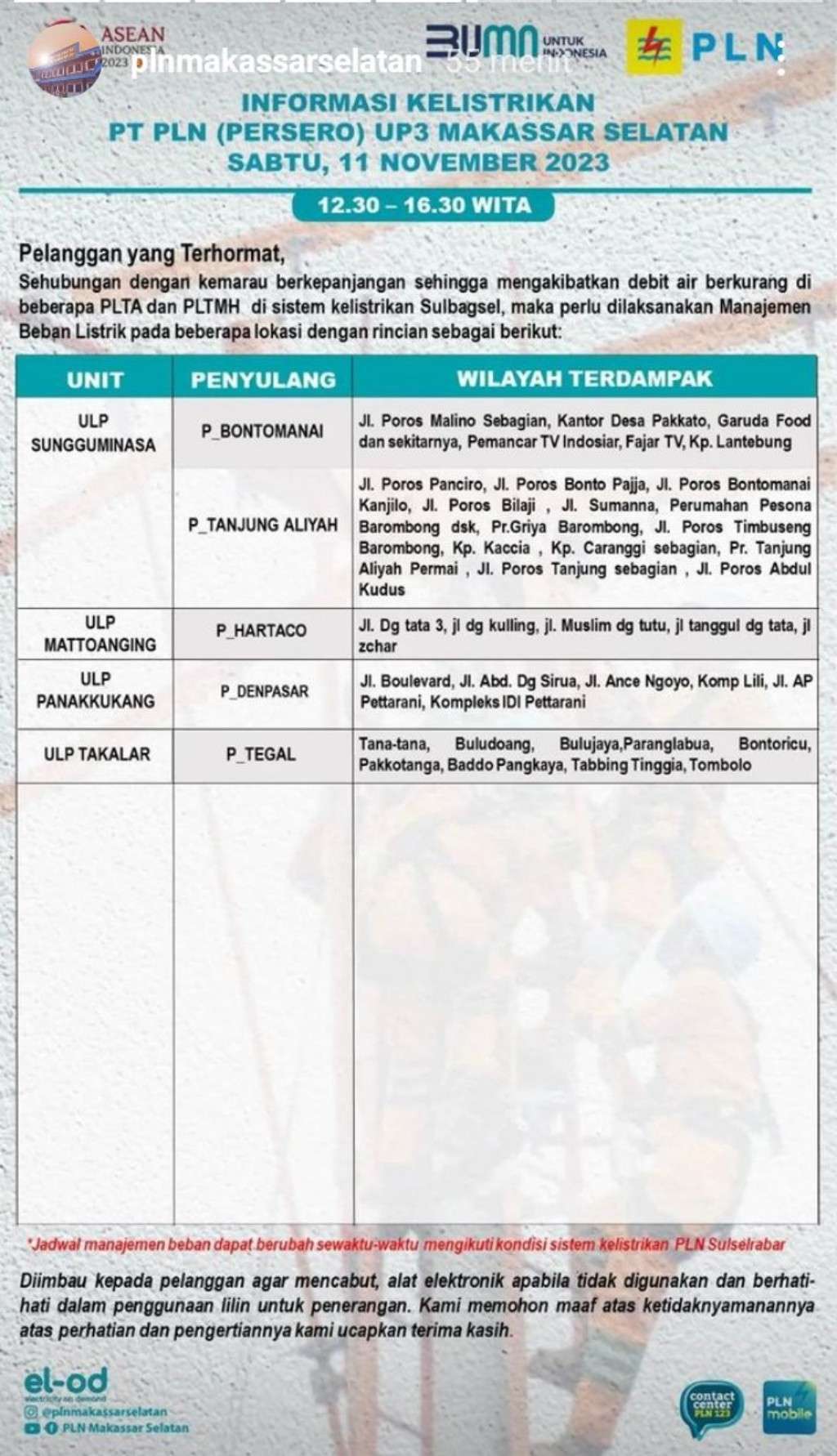Jadwal Pemadaman Listrik di Makassar Hari Ini, 11 November 2023