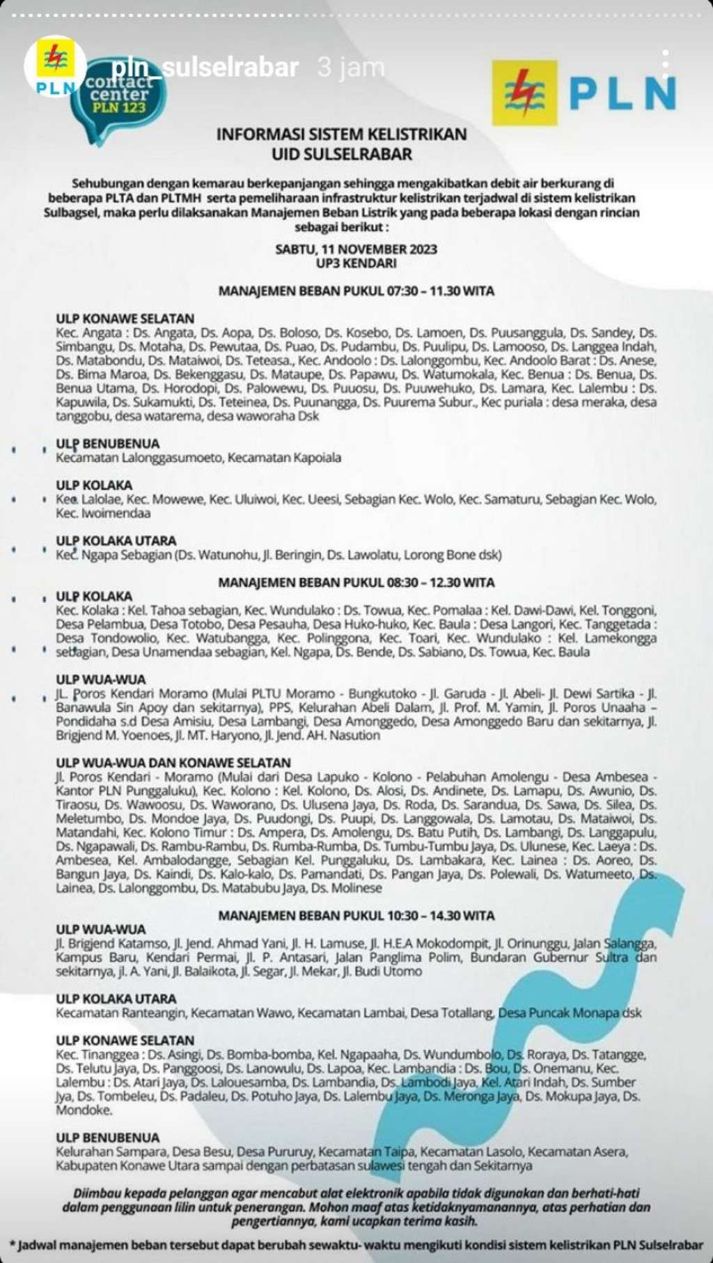 Jadwal Pemadaman Listrik di Kendari Hari Ini, 11 November 2023