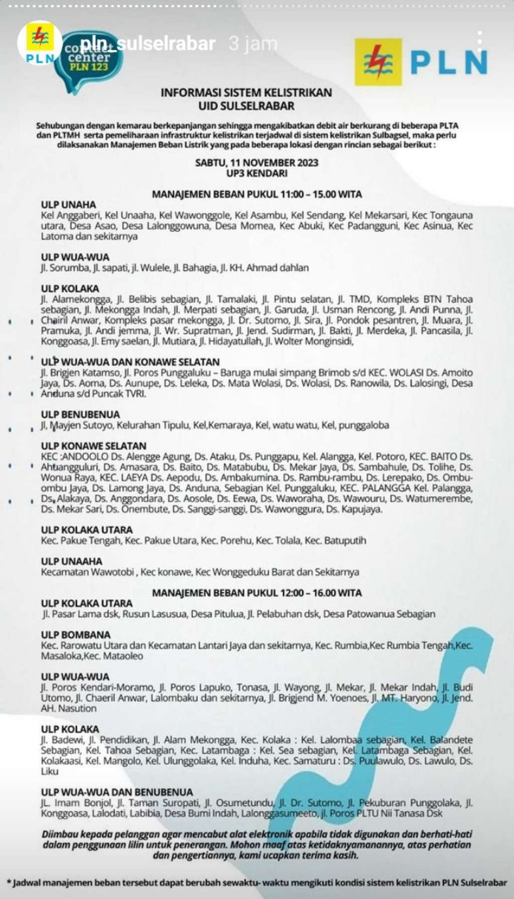 Jadwal Pemadaman Listrik di Kendari Hari Ini, 11 November 2023