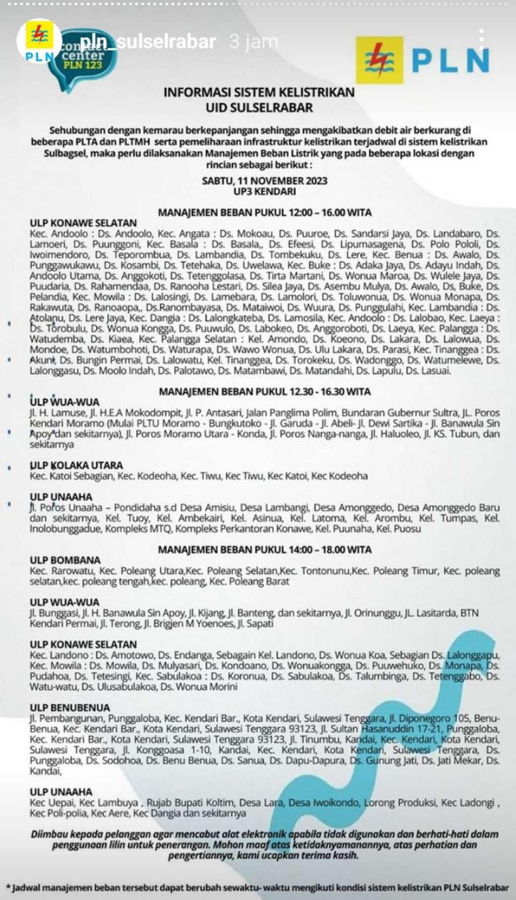 Jadwal Pemadaman Listrik di Kendari Hari Ini, 11 November 2023