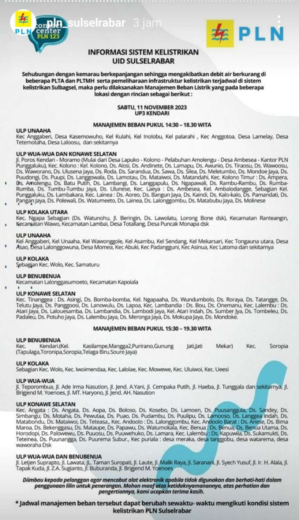 Jadwal Pemadaman Listrik di Kendari Hari Ini, 11 November 2023