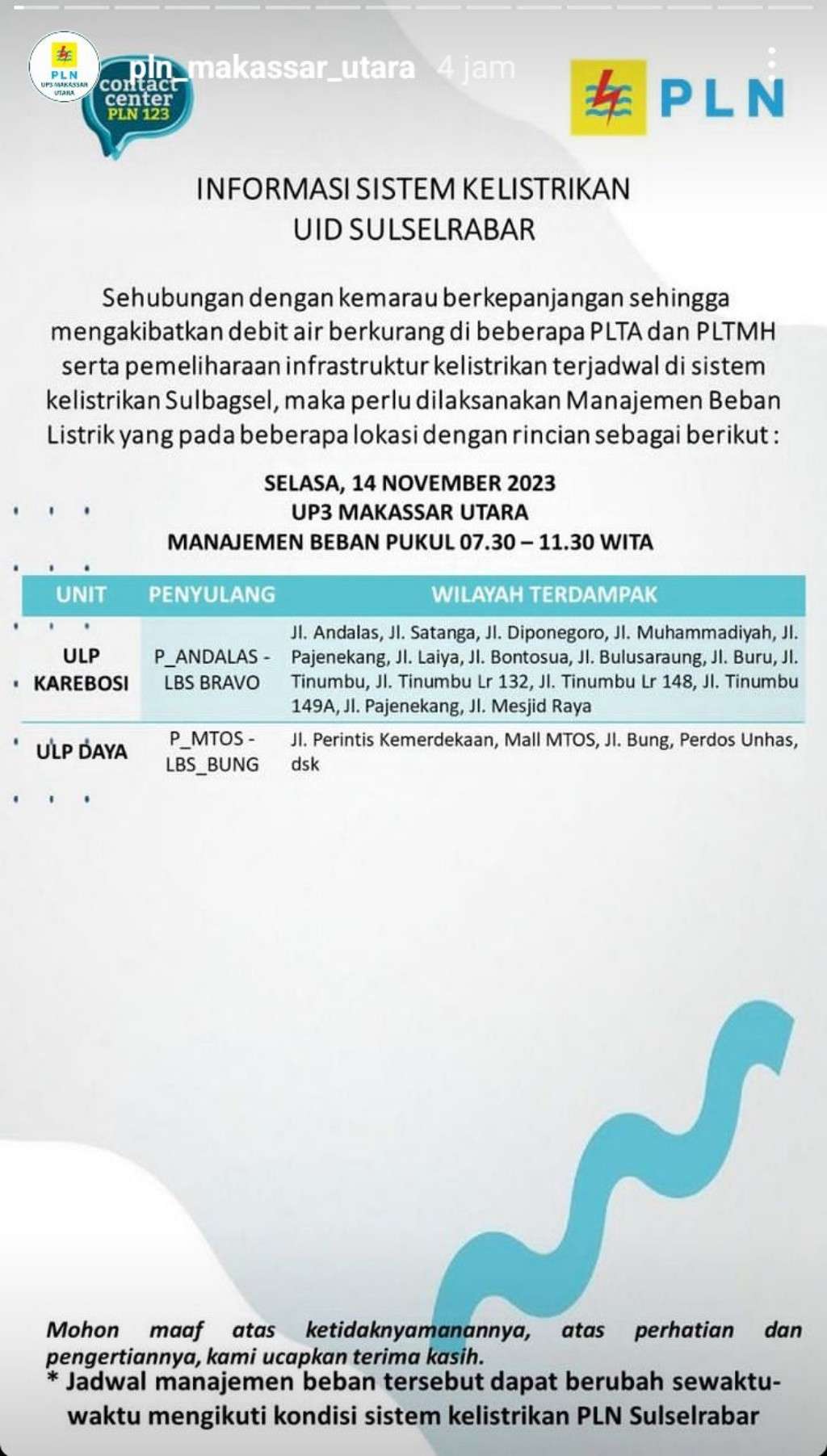 Jadwal Pemadaman Listrik di Makassar Hari Ini, 14 November 2023