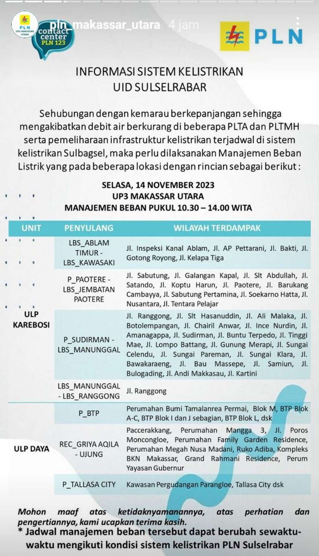 Jadwal Pemadaman Listrik di Makassar Hari Ini, 14 November 2023
