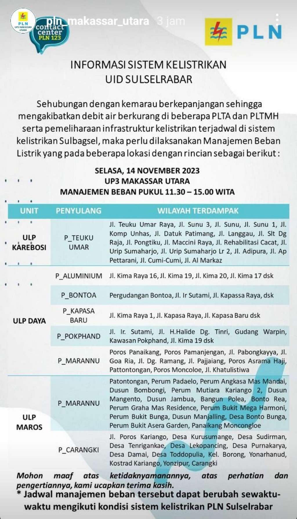 Jadwal Pemadaman Listrik di Makassar Hari Ini, 14 November 2023