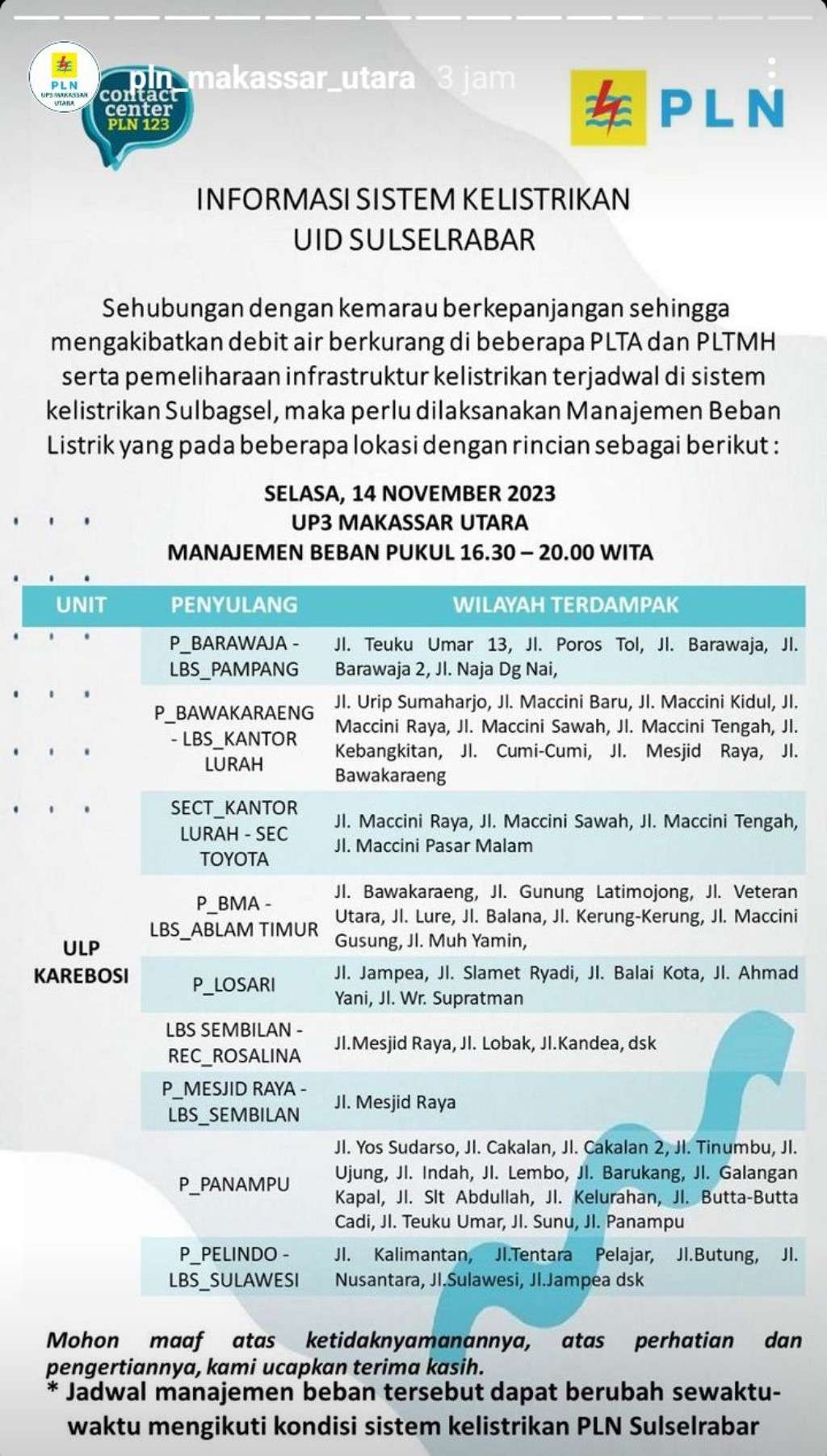 Jadwal Pemadaman Listrik di Makassar Hari Ini, 14 November 2023
