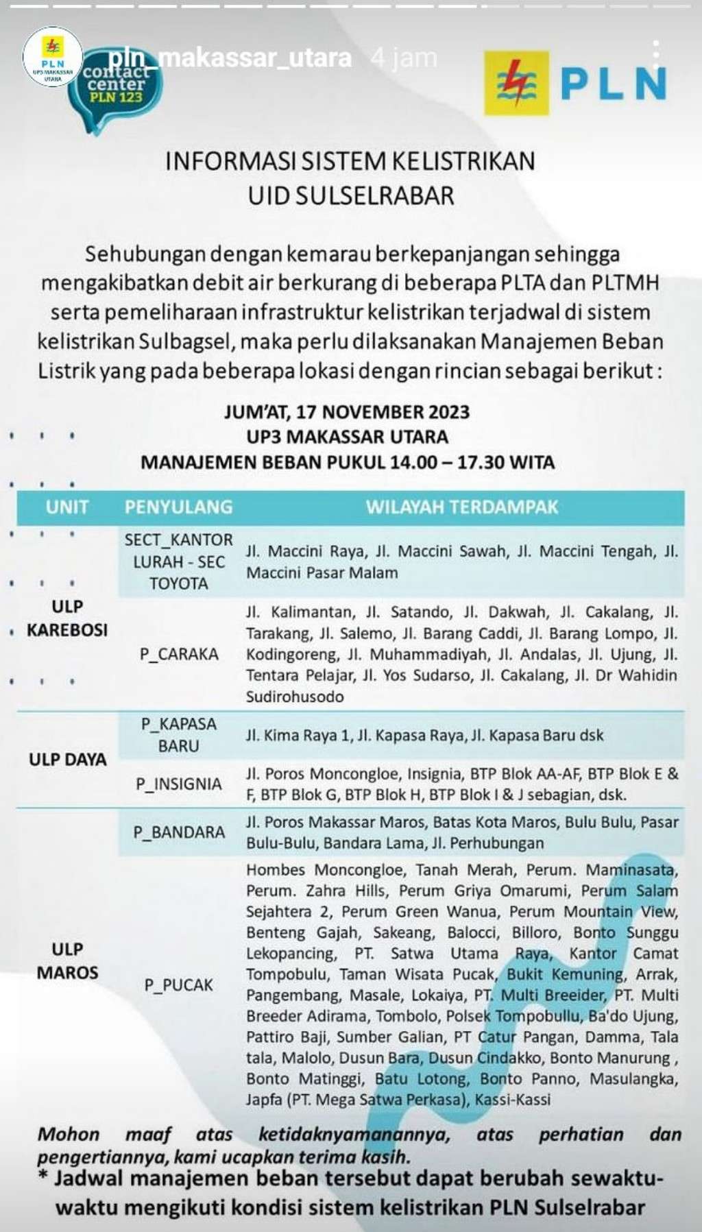 Jadwal Pemadaman Listrik di Makassar Hari Ini, Jumat 17 November 2023