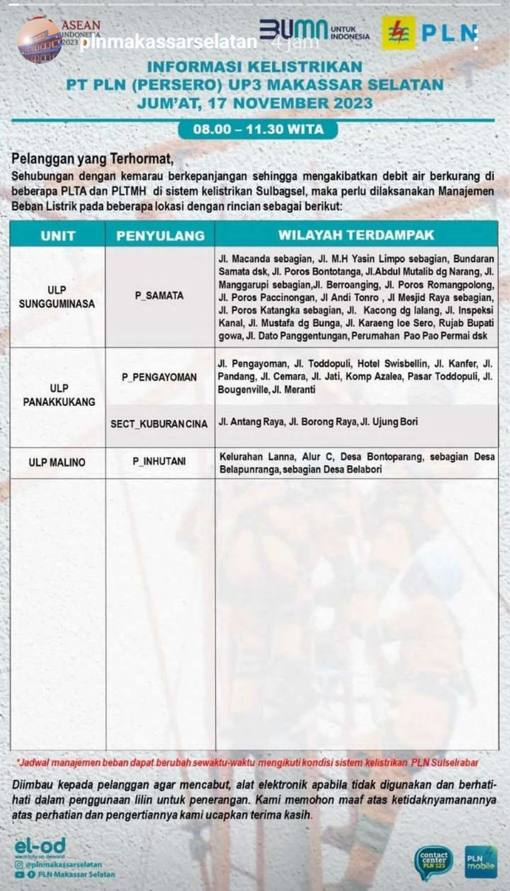 Jadwal Pemadaman Listrik di Makassar Hari Ini, Jumat 17 November 2023