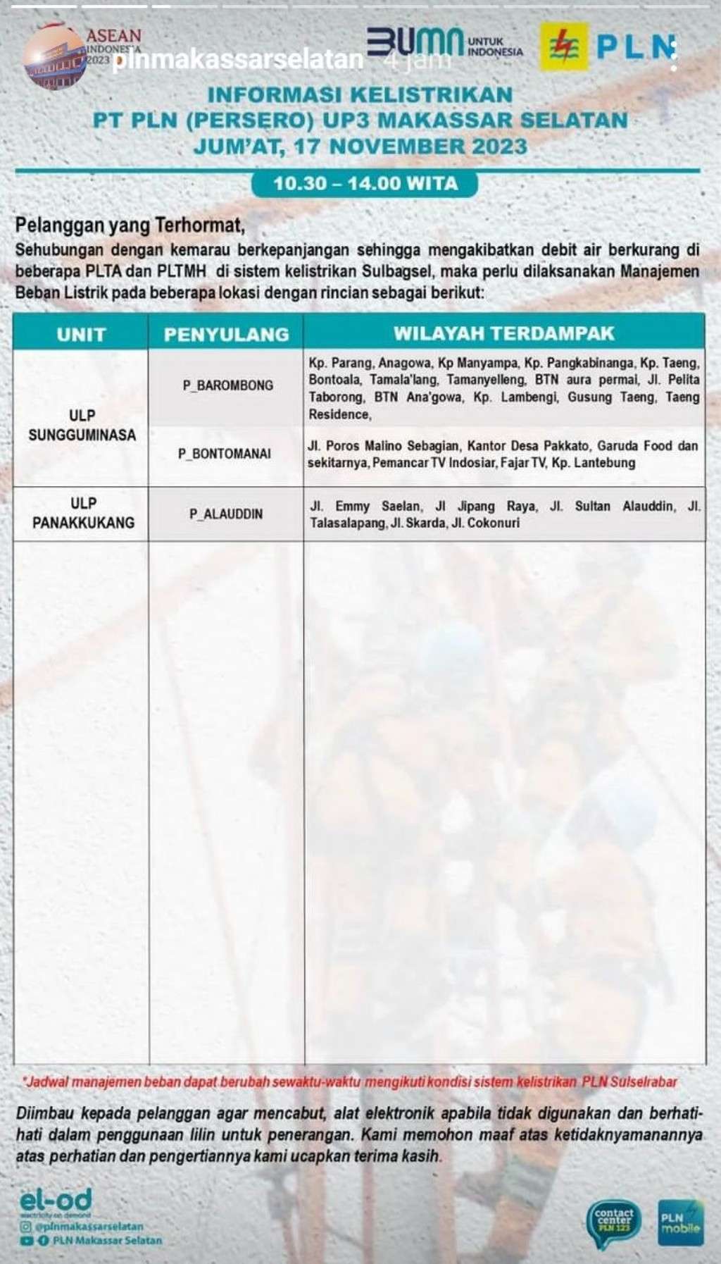 Jadwal Pemadaman Listrik di Makassar Hari Ini, Jumat 17 November 2023