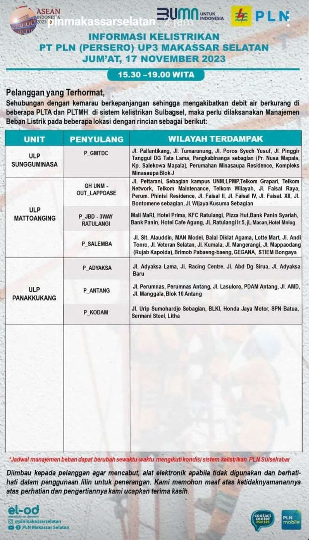 Jadwal Pemadaman Listrik di Makassar Hari Ini, Jumat 17 November 2023