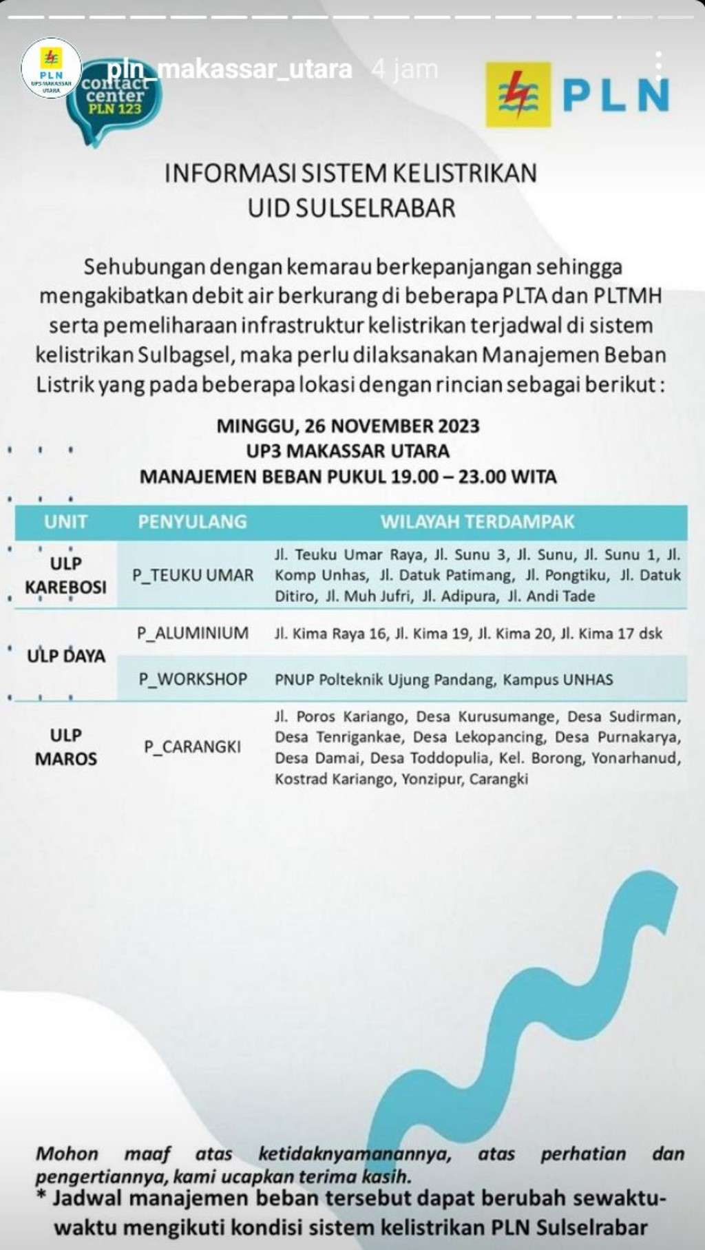 Jadwal Pemadaman Listrik di Makassar Hari Ini, 26 November 2023