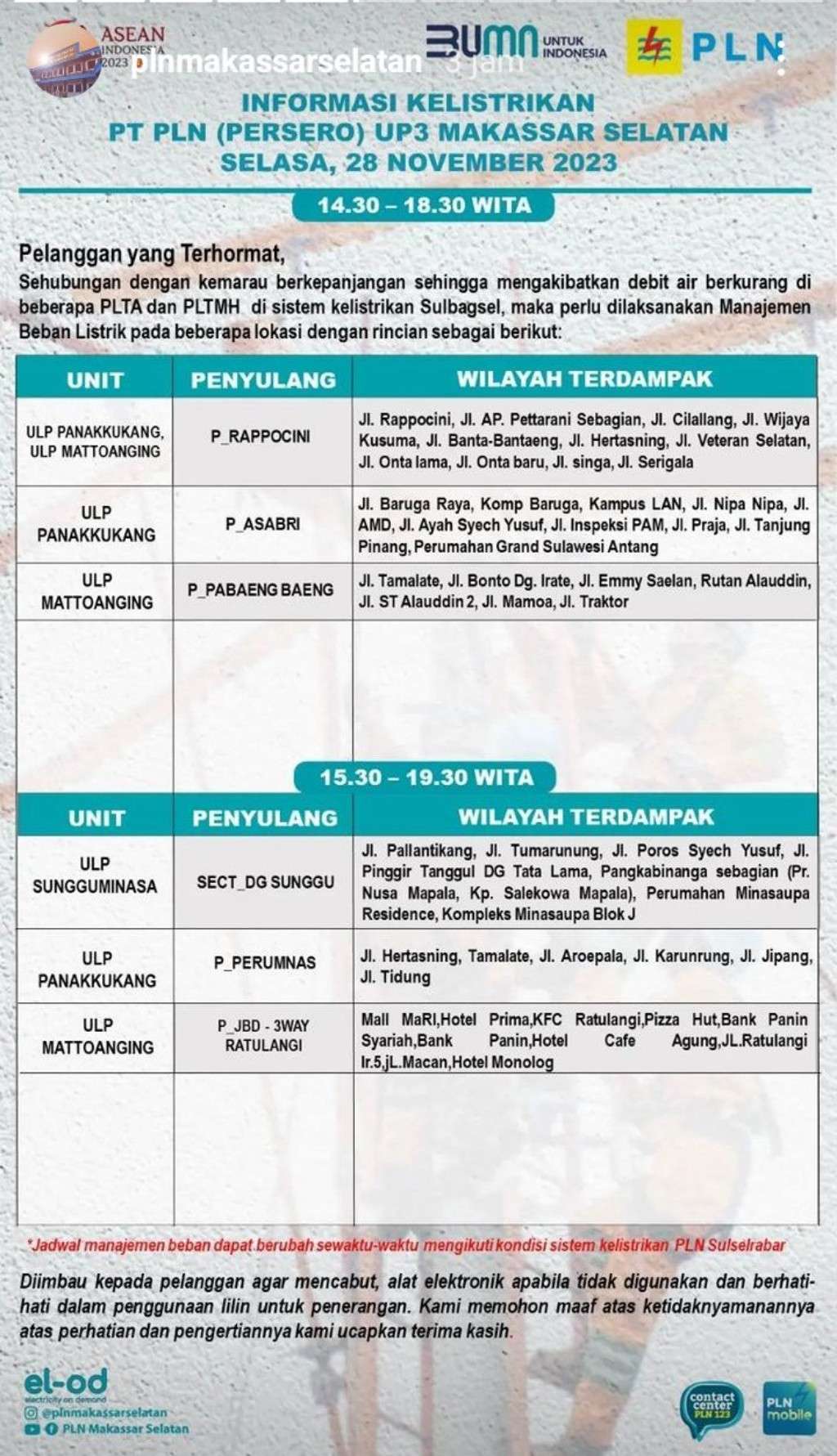 Jadwal Pemadaman Listrik di Makassar Hari Ini, 28 November 2023