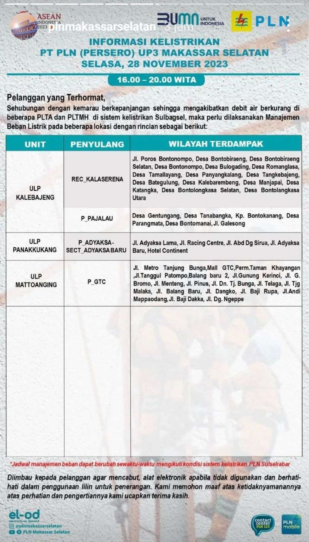 Jadwal Pemadaman Listrik di Makassar Hari Ini, 28 November 2023