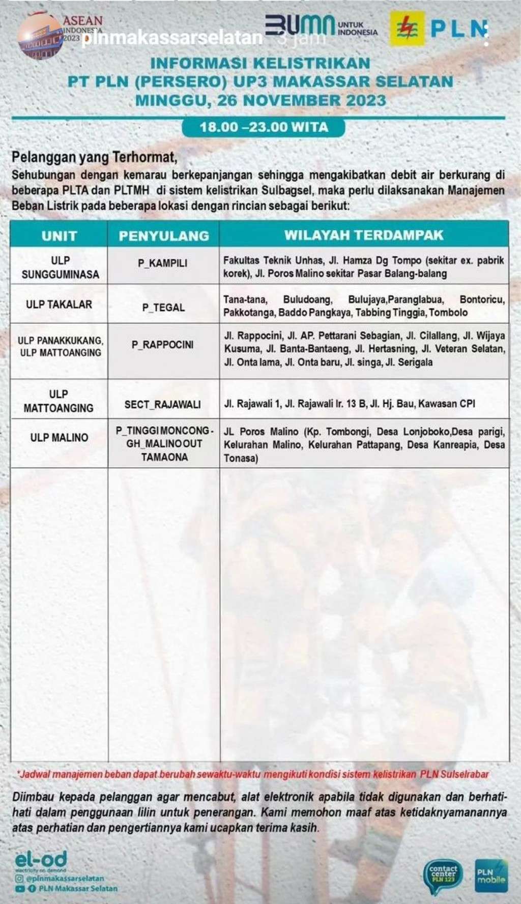 Jadwal Pemadaman Listrik di Makassar Hari Ini, 28 November 2023