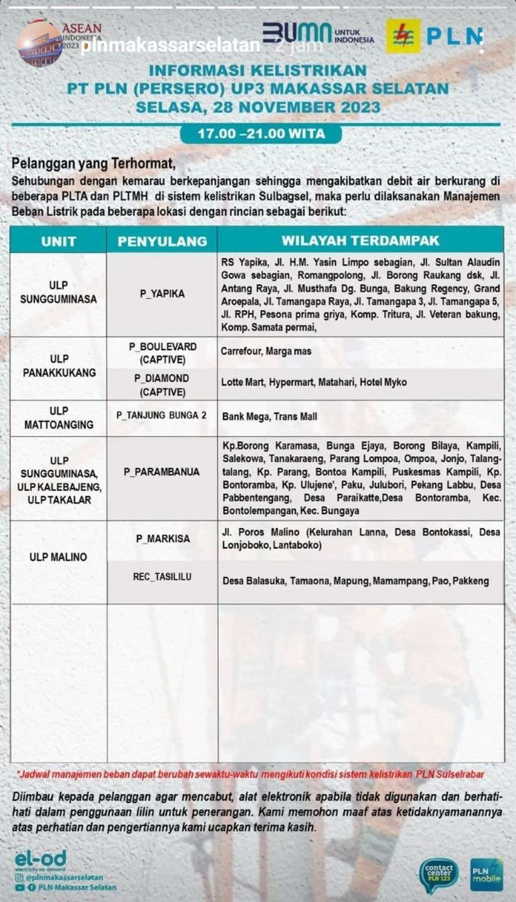 Jadwal Pemadaman Listrik di Makassar Hari Ini, 28 November 2023