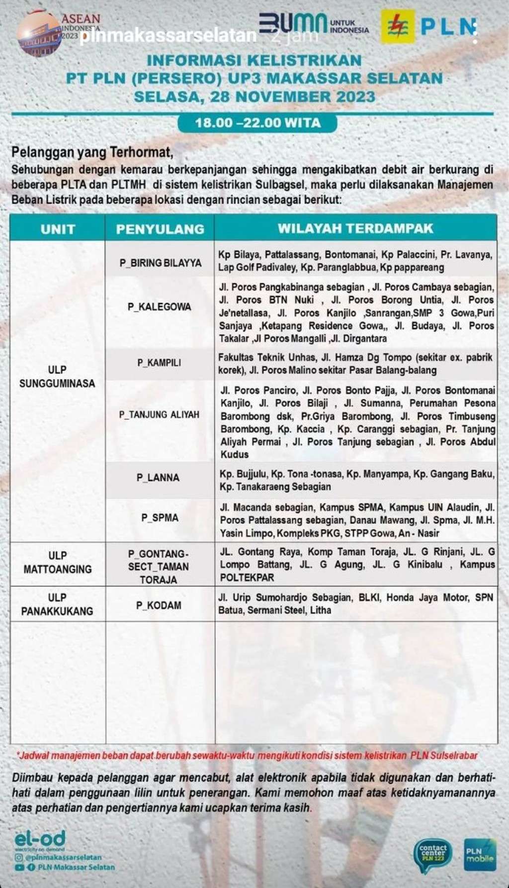 Jadwal Pemadaman Listrik di Makassar Hari Ini, 28 November 2023