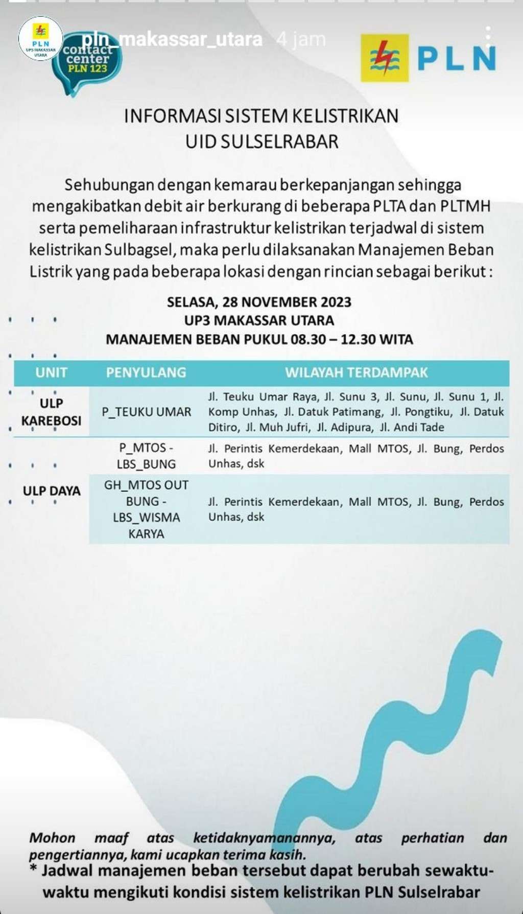 Jadwal Pemadaman Listrik di Makassar Hari Ini, 28 November 2023