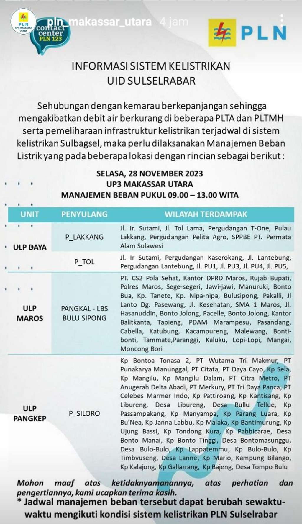 Jadwal Pemadaman Listrik di Makassar Hari Ini, 28 November 2023