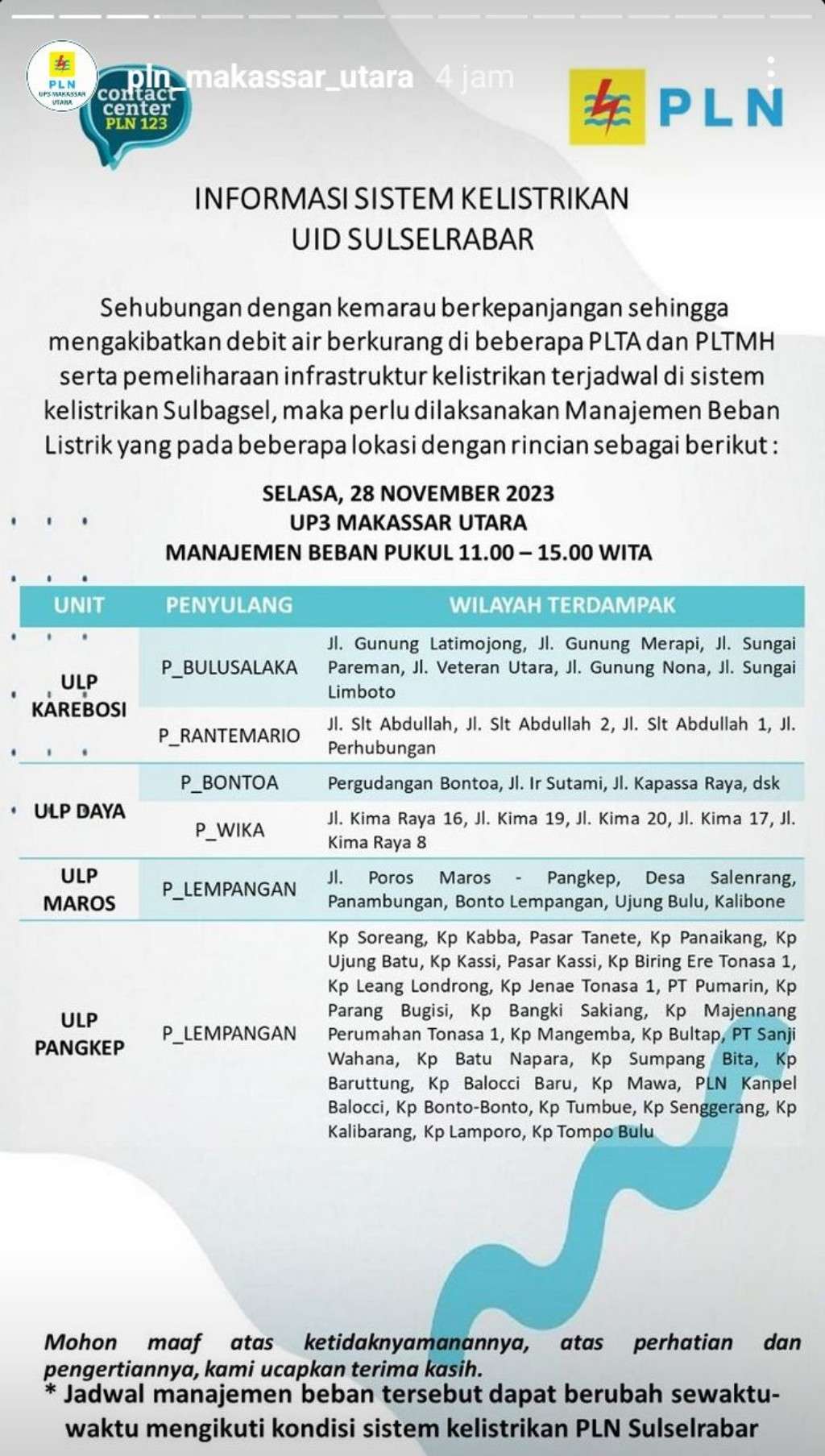 Jadwal Pemadaman Listrik di Makassar Hari Ini, 28 November 2023