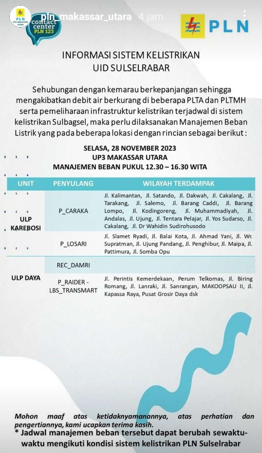 Jadwal Pemadaman Listrik di Makassar Hari Ini, 28 November 2023