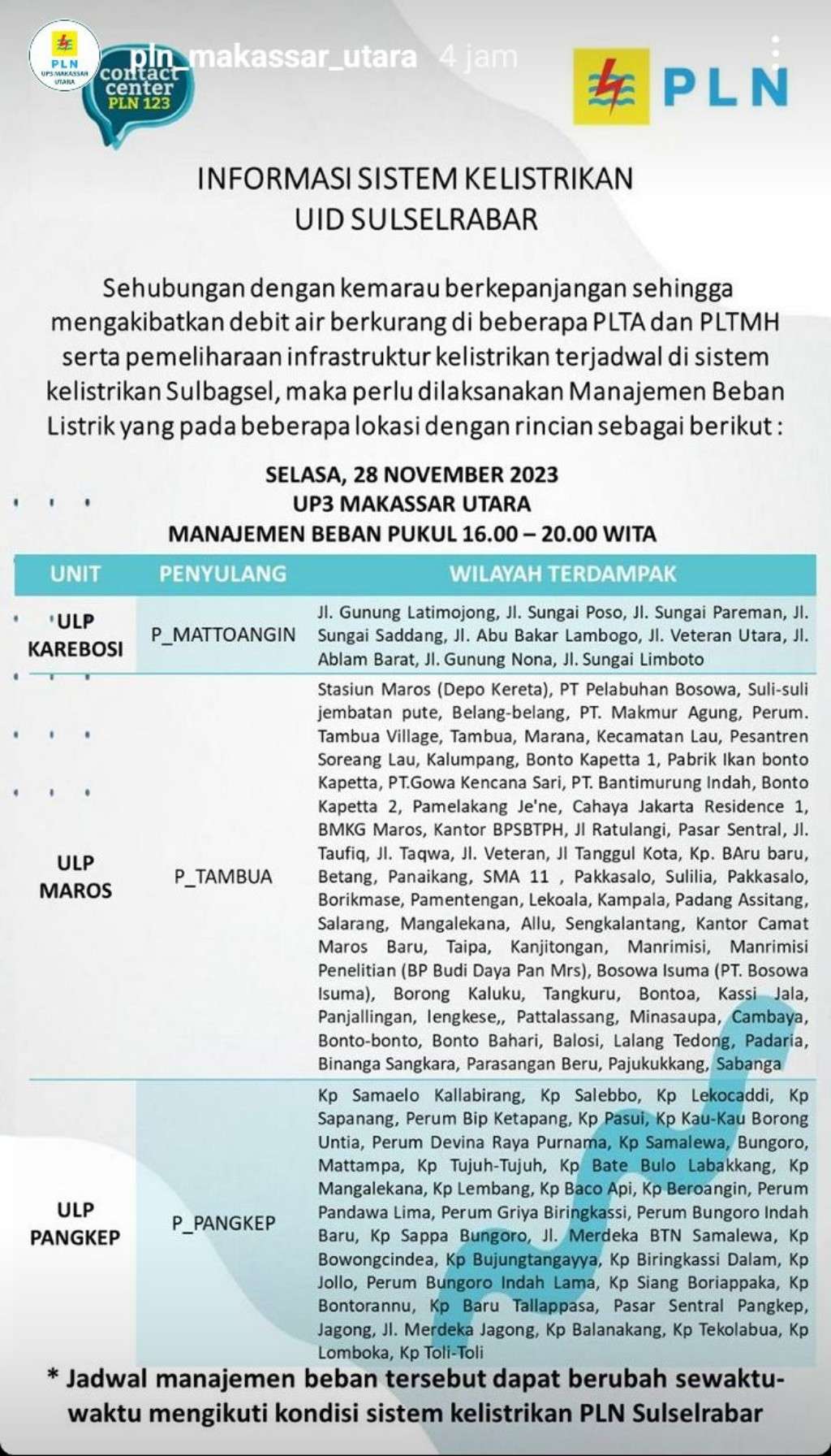 Jadwal Pemadaman Listrik di Makassar Hari Ini, 28 November 2023